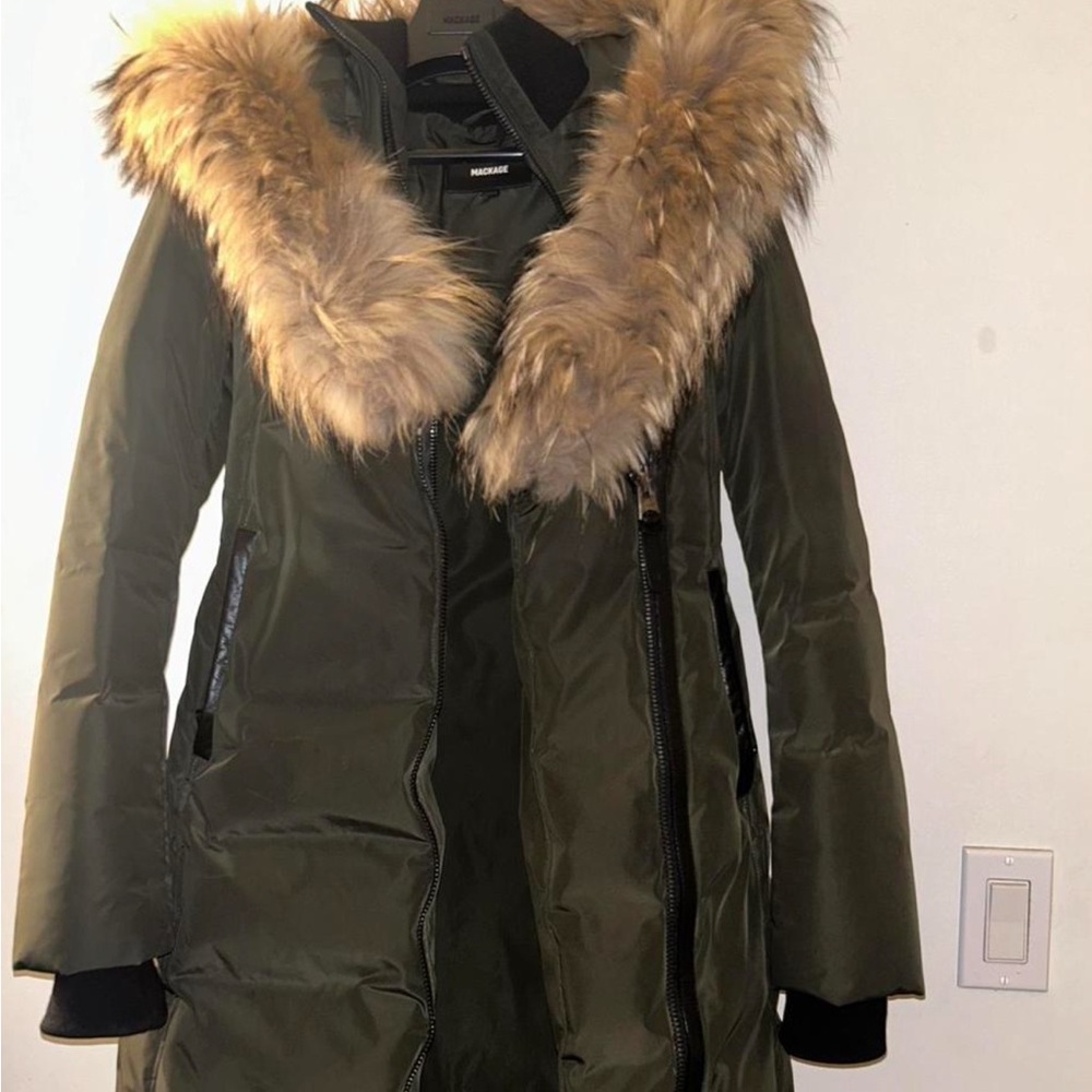 Mackage Olive Green Coat with Fur Trim